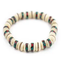The Bead Chest Mala Stretch Bracelet, White - Stackable Nepal Bone Inlaid with Turquoise & Coral Colors, 100% Authentic and Genuine