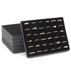 6 Pack Black Velvet Ring Organizer for Jewelry Displays and Cases, Retail, Travel, 36 Slot Foam Insert Stud Earring Holder (7.5 x 5.5 x 0.5 In)