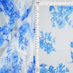 1 Yard Polyester Spandex 100 GSM Mesh Fabric, Flower Digital Print Lightweight Stretch 56/58" Width IVORY/BLUE