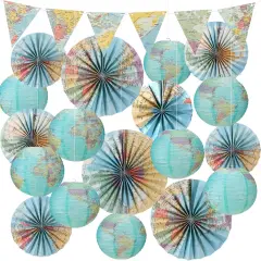 19 Pcs Map Classroom Decorations Travel Themed Party Decorations Globes Hanging Paper Lantern Fans Triangle Flags