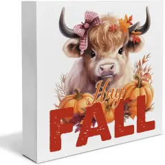 Fall Pumpkin Cow Wooden Sign Tabletop Decorations - 5 X 5 Inches