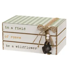 Wildflower Book Stack Wooden D&eacute;cor Worn White Finish with Green Gingham Top