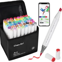 48 Alcohol Markers with Free App,Double headed Art Marker with Kickstand Case for Adults and Kids, Alcohol Based Dual Brush & Chisel Tips Markers for Painting, Sketching, Drawing