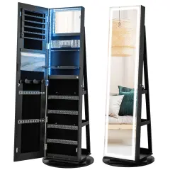 Black MDF Glass 4-in-1 Rotating Jewelry Cabinet with Mirror and LED Lights