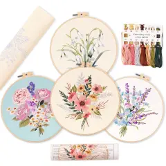 REEWISLY 4pcs of Embroidery kit with Patterns and Instructions, DIY Adult Beginner Cross Stitch Kits, Including 2 Plastic Embroidery Rings, 1 Pair of Scissors, Colored Threads and Needles