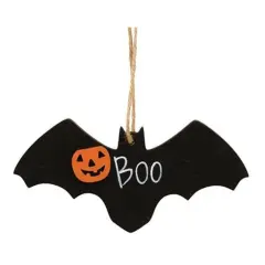 Wooden Halloween Bat Ornament with Jack O Lantern Design and Jute Hanger Boo Sign Decoration
