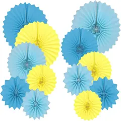 Paper Round Fan Party Decorations, Blue Yellow Hanging Fans for Carnival Circus,Cartoon,Sport, Birthday Party, Baby Shower, Graduation Events,Set of 12(8",10",12",14")