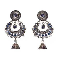 Indian Oxidized Jhumka Earrings for Women - Indian Oxidized Bell Jhumki Ethnic Floral Chandbali Earrings Faux Pearls Bollywood Style Floral Dangle Earring Jewelry for Bride Gift for Her BLUE