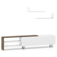 Modern Farmhouse TV Stand for 80&rdquo; TV with Wall-Mounted Shelves and Flip-Down Cabinet Storage