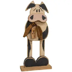 Wood Rustic Cow Figurine with Fabric Tie on Wooden Base