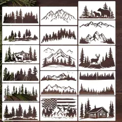 Pine Tree Stencils Animal Stencils Wood Burning Stencils Patterns Forest Mountain Stencil Reusable Tree Deer Bear Drawing Templates for Painting on Wood Wall Fabric Decor