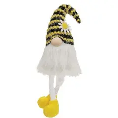 Fuzzy Bee Dangle Leg Gnome with Striped Hat and Felt Daisy Flower Decoration