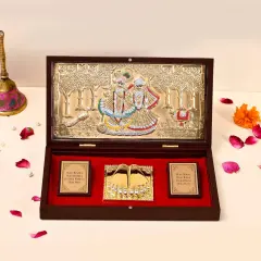 Large Gold Plated Radha Krishna Photo Frame with Charan Paduka for Diwali Housewarming Return Gift Worship Pooja Room Decor Hindu God Religious Devotional Paduka Prayer Box