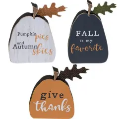 Set of 3 Fall Wooden Pumpkins with Burlap Leaf and Script Sayings