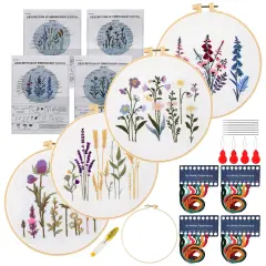 Maydear 4 Sets Embroidery Kit Punch Needle Kit,Embroidery Kit for Beginners Adults Cross Stitch Kits with Embroidery Hoop and Instructions, Hand Embroidery Starter Kit (Embroidery kit Flowers)