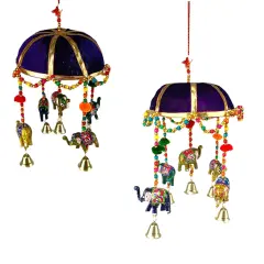 Elephant Door Hanging Rajasthani Wall Window Feng Shui Hanging Handicraft Traditional Ethnic Latkan Toran with Tokri Umbrella for Home Office Decor Decorative Ornament Festival Party Decor Purple