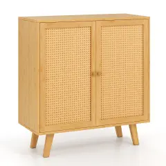 Natural Wicker PE Rattan Sideboard Cabinet with 2 Doors, Raised Base and Non-Slip Pads