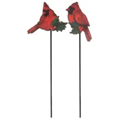 Red Wood and Metal Cardinal Plant Stakes with Holly Accents 2 Asstd.