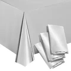 3 Pack Metallic Silver Plastic Tablecloth for Birthday Party Decorations (Shiny Foil, 54x108)