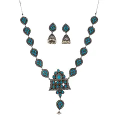 Indian Oxidized Jewelry Boho Tribal Jewelry Indian Long Necklace Bohemian Jewelry Afghani Tribal Tassel Long Ghungroo Necklace Earrings Set Choker Necklace Fashion Jewelry Aqua