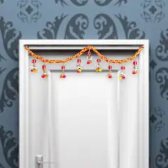 Indian Bead Door Toran 36-42 Inch Bhandarwal Hanging Valance Pompom Traditional Wall Decorative for Window Home Temple Decor Wedding Diwali Navratri Puja Housewarming Decorations