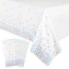 Plastic Table Covers with Pink and Blue Confetti for Gender Reveal (54 x 108 in, 6 Pack) White
