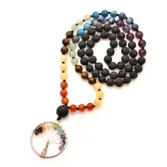 108 Mala Beads Necklace 7 Chakra Tree of Life Lava Rock Stone Natural Healing Crystal Gemstones Yoga Meditation Japa Mala Beaded Life Tree Pendant Hand Knotted Prayer Beads Rosary Jewelry