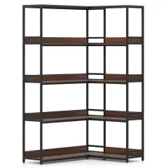 Walnut Metal Engineered Wood L-Shaped Bookshelf with 5 Shelves and Anti-Tip Kits
