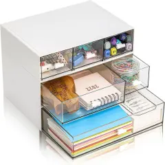 3 Tier Small Desk Organizer with Drawer, Stackable Desktop Storage Box, Portable Size Office Supplies Jewelry Storage Case, Makeup and Stationary Organizer for Cosmetic, School Supply