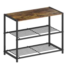 Black-Brown Metal 2-Shelf Shoe Rack Bench with Wood Top and Seat Function
