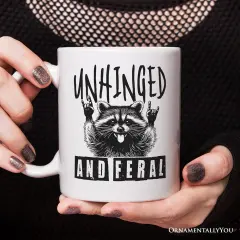 Unhinged and Feral Mug, Funny Raccoon Rock Hands Gift