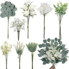 Artificial Greenery Stems Box Set(Pack of 75pcs) with 8 Kinds of Faux Plants and Fake Flowers for DIY Wedding Bouquet Table Centerpieces and Floral Arrangement (White&Green)