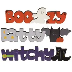 3 Asstd. Halloween Wooden Word Block Set Boozy Witchy Batty Shelf Decor