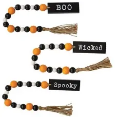 3 Asstd. Halloween Wood Bead Garland with Tassels and Black White Orange Beads