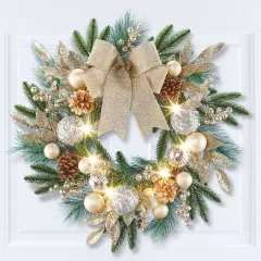 Collections Etc LED Lighted Silver & Gold Ornament Hanging Wreath