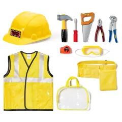 Kids Role Play Costume Set - 10-Piece Construction Worker Costume for Kids, Builder Dress Up Kit with Hard Hat, Tool Belt, Vest, and Other Accessories for Halloween Dress Up & Play, For Ages 3-14 Multicolor