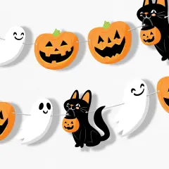 Big Dot of Happiness Jack-O'-Lantern Halloween Garland Banner, Party Decor Backdrop, 30 Feet of Cord, 15 Paper Ghost, Pumpkin, and Black Cat Shapes
