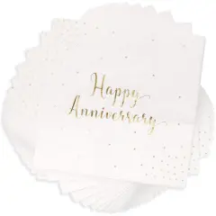 50 Pack Happy Anniversary Napkins, Gold Foil Cocktail Napkins for Wedding Anniversary, Party Decorations, Disposable (5 In) White