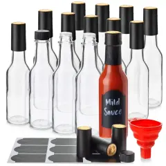 Talented Kitchen 14-Pack Glass Hot Sauce Bottles with Caps, Glass Sauce Bottles with Shrink Wrap Capsule and Funnel, with 18 Chalkboard Labels, 14 Dripper Inserts, Dishwasher-Safe (5 oz) Clear