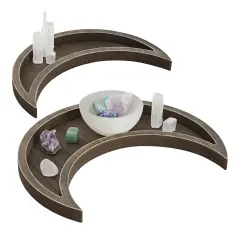 2 Piece Wooden Crescent Moon Tray for Crystals and Essential Oils, Rustic Style Home Decor for Nursery (Brown)
