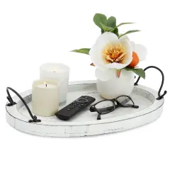 Farmlyn Creek Oval Wooden Serving Tray with Handles, Decorative Platter for Coffee Table, Living Room (16 x 11 x 2 In) White