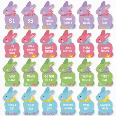 Big Dot of Happiness Colorful Easter Egg Hunt Token Stuffers, 24 Count Bunny Shape Filler Tokens with Fun Rewards for Kids, Reusable Easter Activity, Egg Hunt Supplies