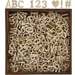 Small Wooden Alphabet Letters, Includes Display Box with 9 Letter Sets (A-Z), 3 Number Sets (0-9) , and 2 Sets of Symbols Brown