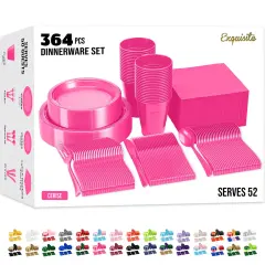 Exquisite 350 Pcs Plastic Plates for Party &ndash; Disposable Plates Set &ndash; 50 Each of 9" Dinner Plates, 7" Dessert Plates, Plastic Cups, Napkins & Plastic Cutlery &ndash; Plastic Dinnerware by Party Solids Hot Pink