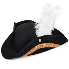 Juvale Adult Tricorn Pirate Hat with Feather for Halloween Outfit - Black Pirate Hat for Colonial Revolutionary History Theme Birthday & Halloween Party Costume 15 x13 x 3.5 In
