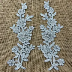 1 Pair Beaded & Corded Floral Lace Applique 10" x 2" Each Side Silver Metallic