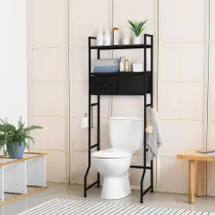 3-Tier Over-The-Toilet Storage Cabinet with Fabric Drawers &ndash; Freestanding Bathroom Organizer, Black Space-Saving Shelf for Bathroom & Laundry Room