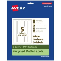 Avery Recycled Matte White Labels,9-3/4" x 1-1/4" Rectangle