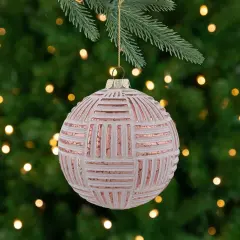 Northlight Textured Stripes Glass Christmas Ball Ornament - 4" (100mm) - White and Rose Gold