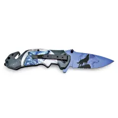 Collections Etc Foldable Blue Wolf Stainless Steel Collectible Knife